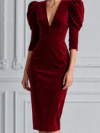 Red Dress Fall Wedding Guest Dress Velvet Puff Sleeve Pencil Midi Dress