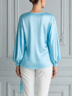 Sky Blue Satin Draped Tie Waist Blouse