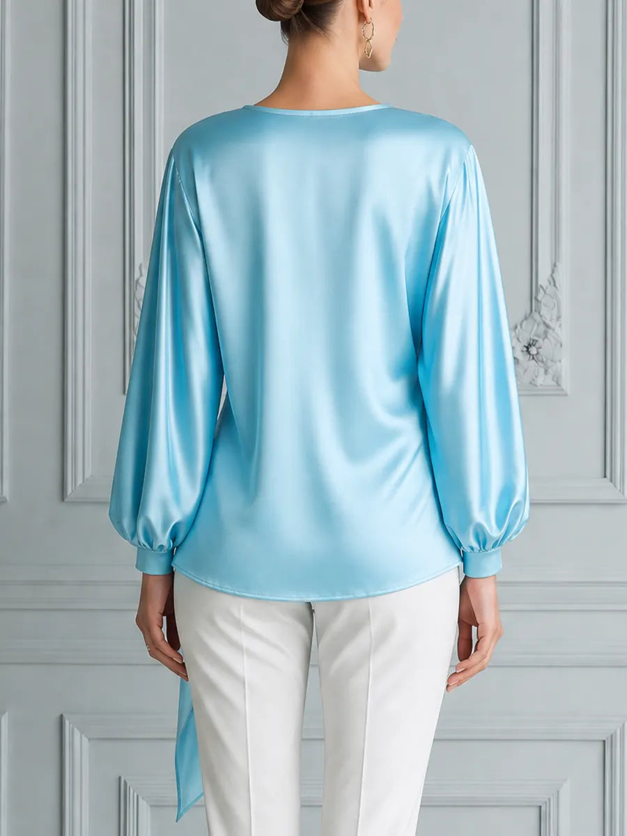 Sky Blue Satin Draped Tie Waist Blouse