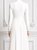 Ivory Stand Collar Gold Button Pleated A-Line Midi Dress