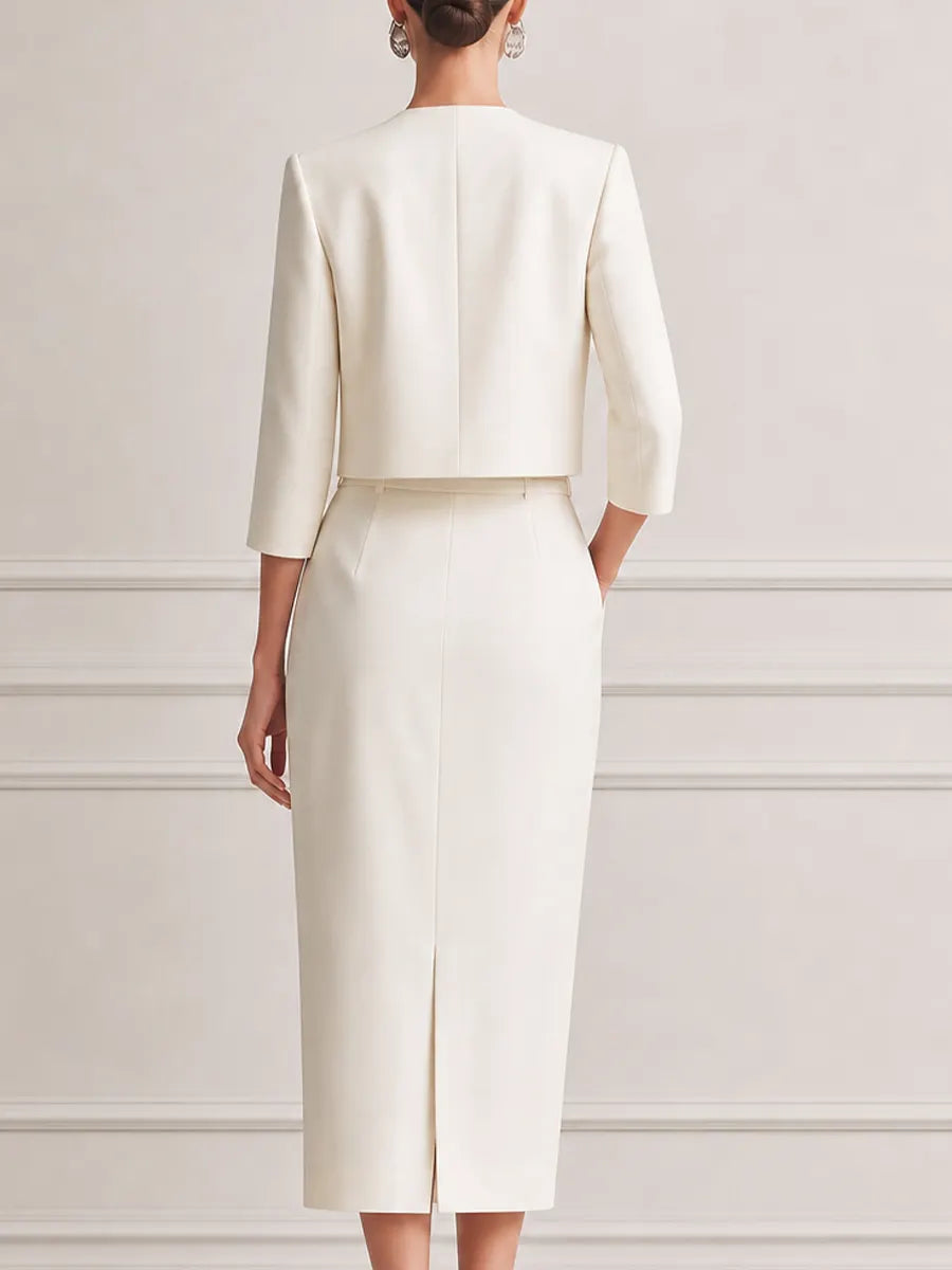 Ivory Collarless Cropped Jacket & Belted Pencil Midi Dress Two-Piece Suit Set