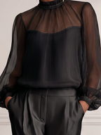 Black Sheer Pleated Chiffon High Neck Blouse