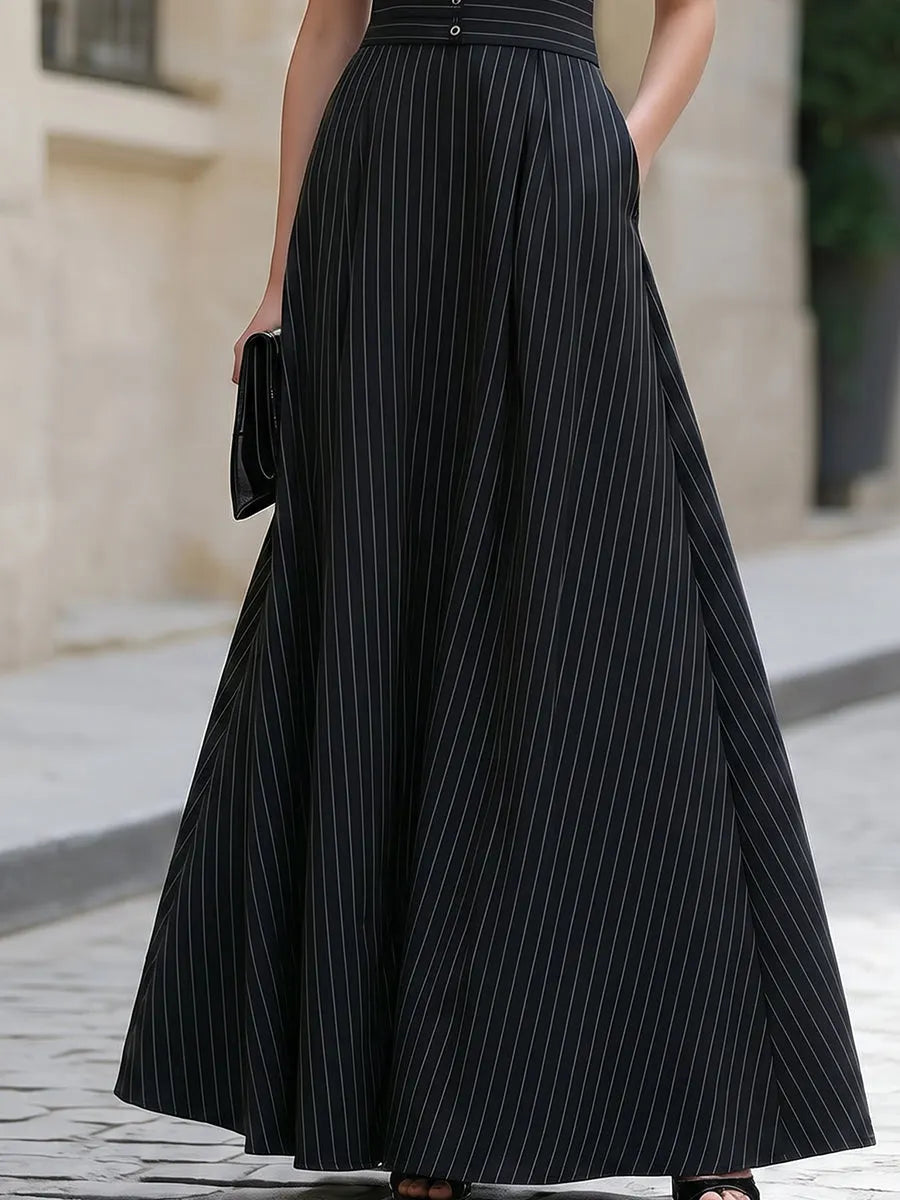 Pinstripe Sleeveless Buttoned Peplum Skirt Set