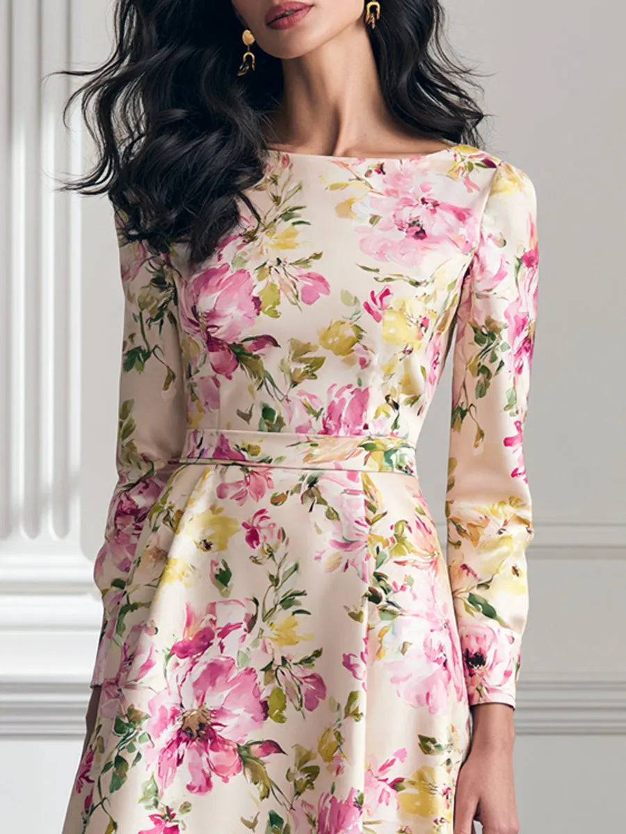 Watercolor Floral Print Satin High Waist A Line Midi Dress