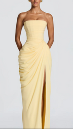 Chiffon Back Lace-up Asymmetrical Pleats Strapless Slit Maxi Dress