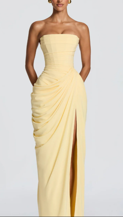 Chiffon Back Lace-up Asymmetrical Pleats Strapless Slit Maxi Dress