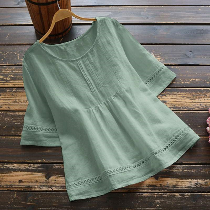 Solid Color Cotton And Linen Patchwork Hollow T-Shirt