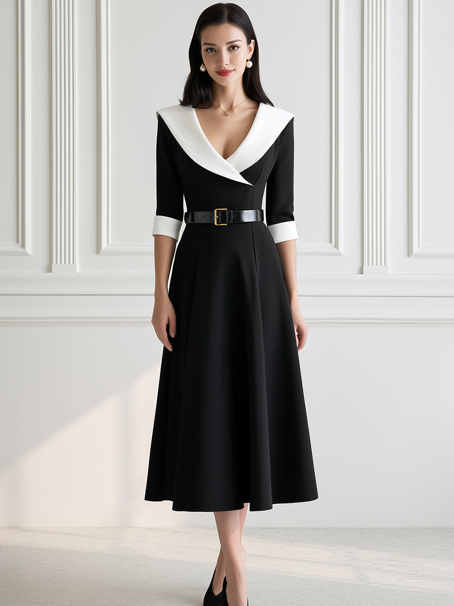 Elegant Contrast Collar Belted A-Line Midi Dress with 3/4 Sleeves