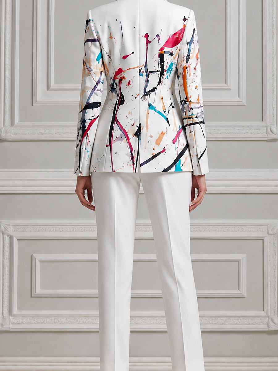 White Abstract Print Blazer & Slim Pants Set