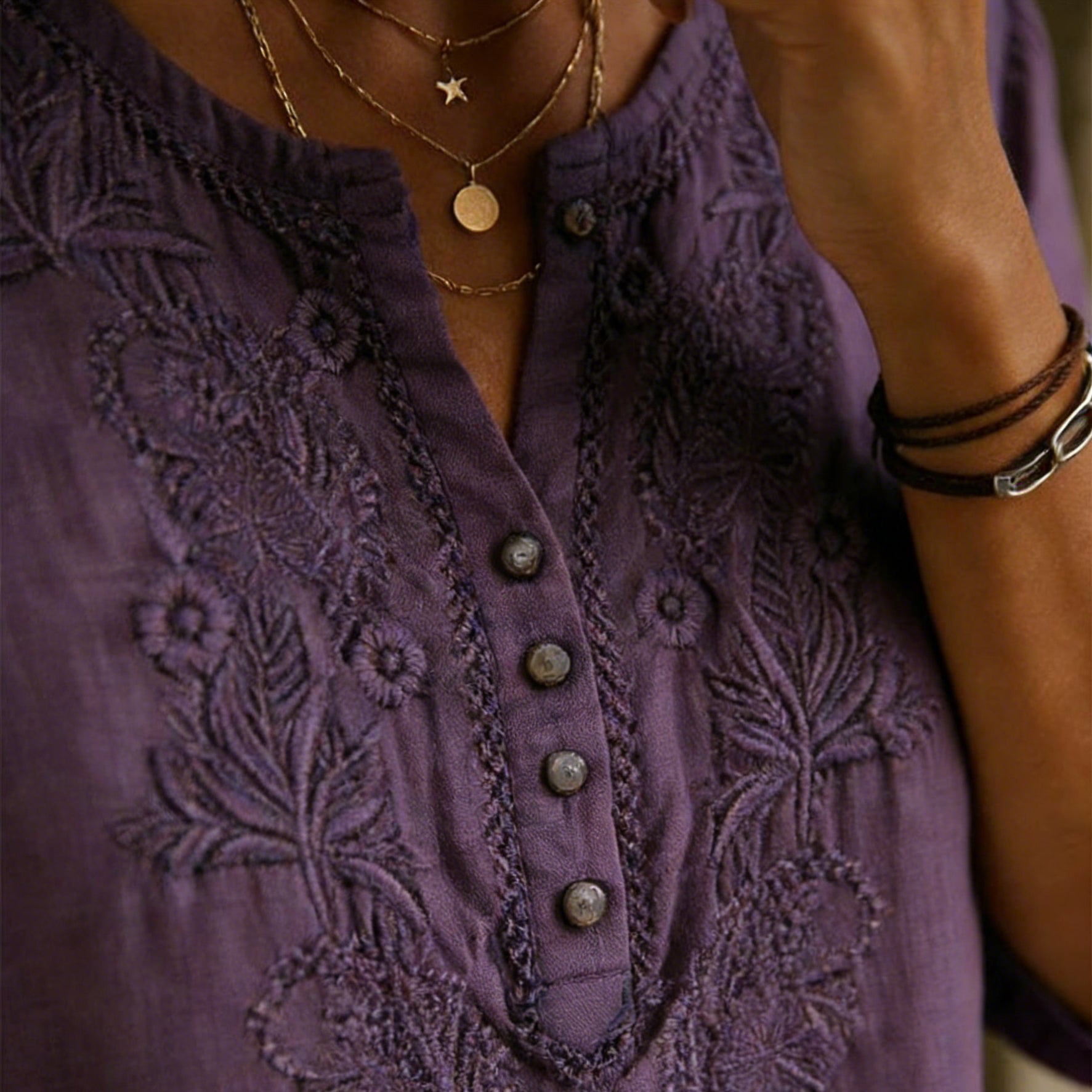 Women's Vintage Floral Embroidery Linen Shirt