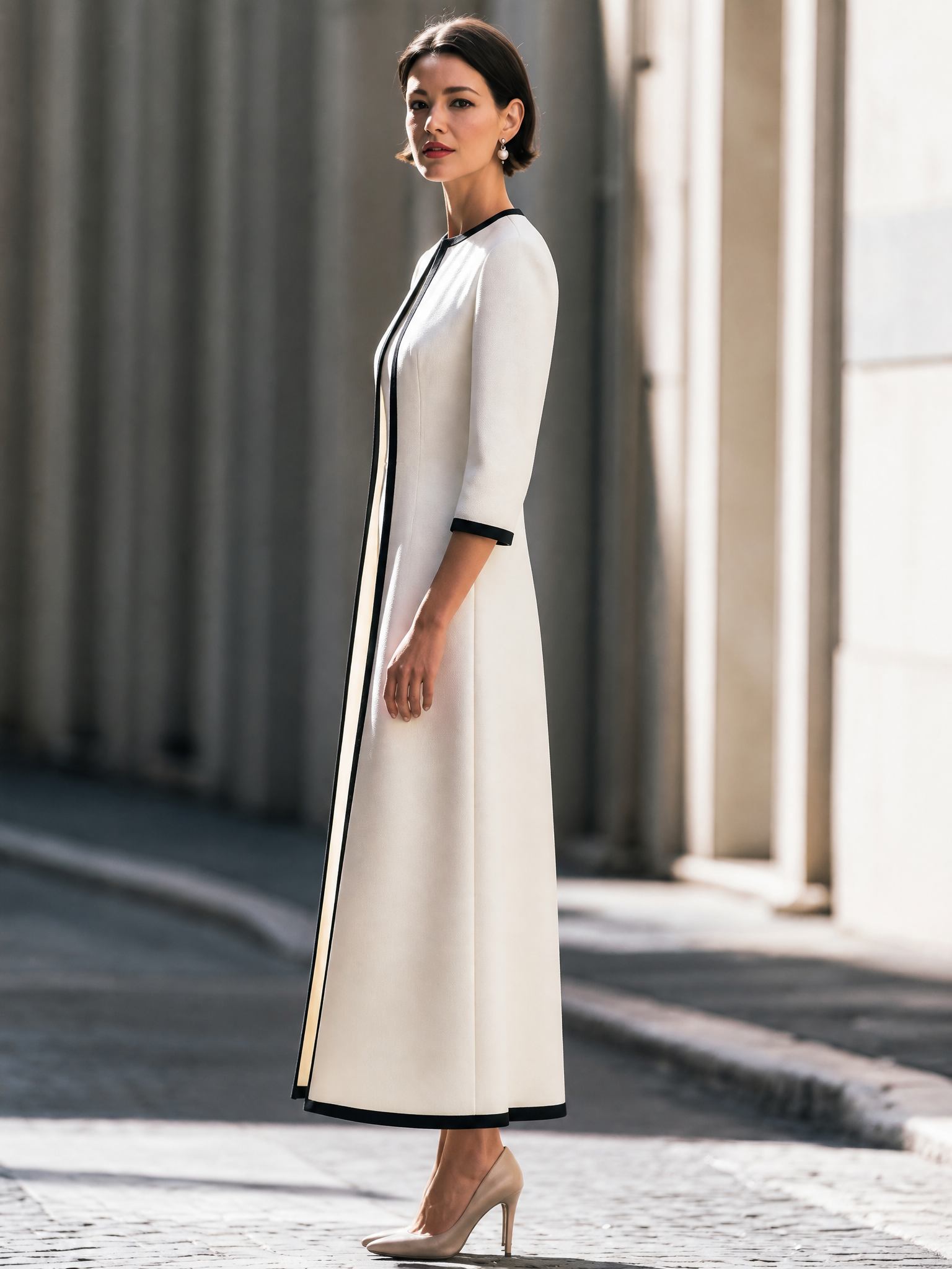 Contrast Trim Coat And Midi Dress Set