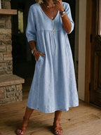 Casual Loose-fitting Patchwork Lace Trim Linen And Cotton Dress