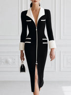 Contrast Collar Ribbed Knit Midi Dress with Zip Front