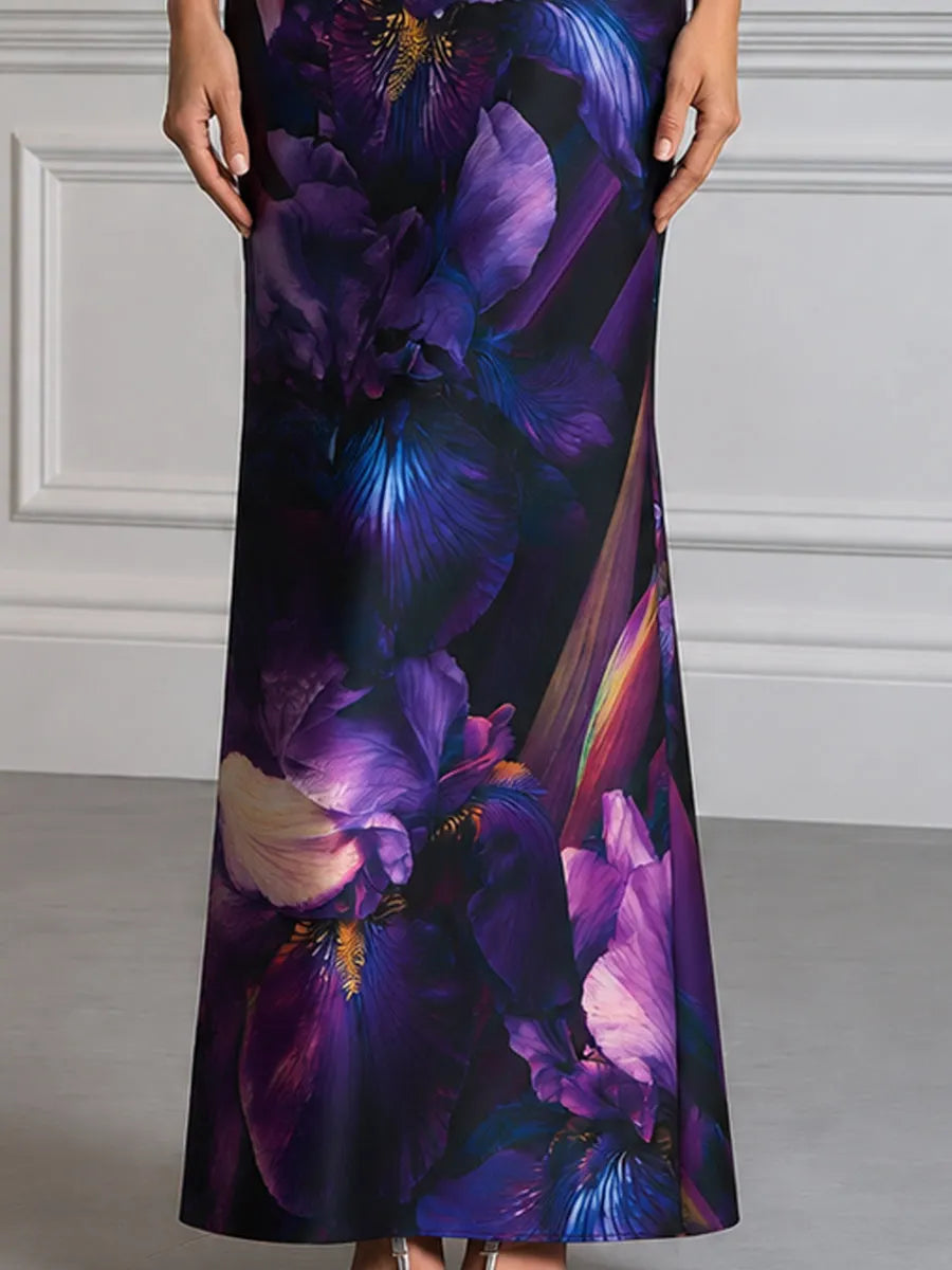 Purple Iris Printed Mermaid Maxi Evening Dress