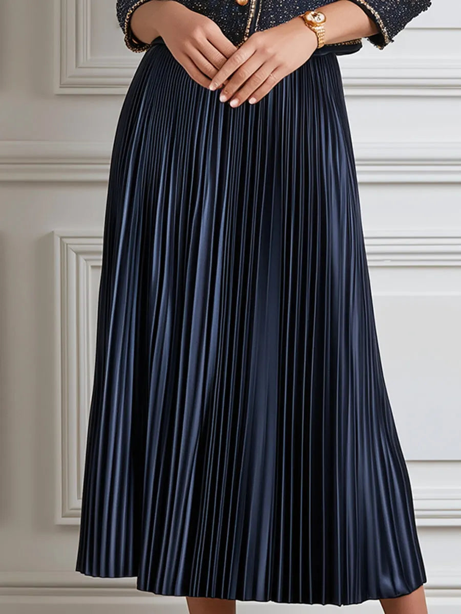 Tweed Cropped Jacket & Satin Pleated Midi Skirt Set