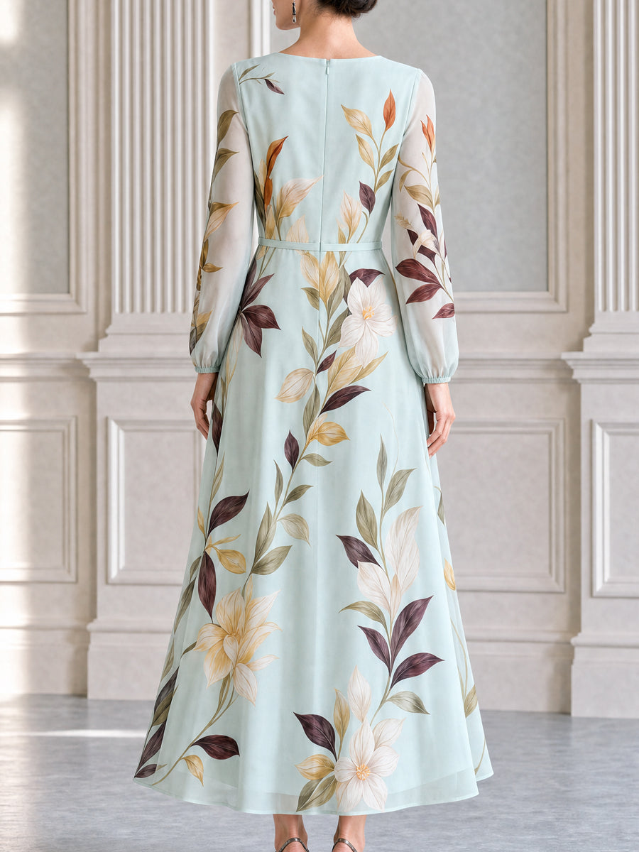 Light Mint Floral Print Long Sleeve Midi A-line Dress