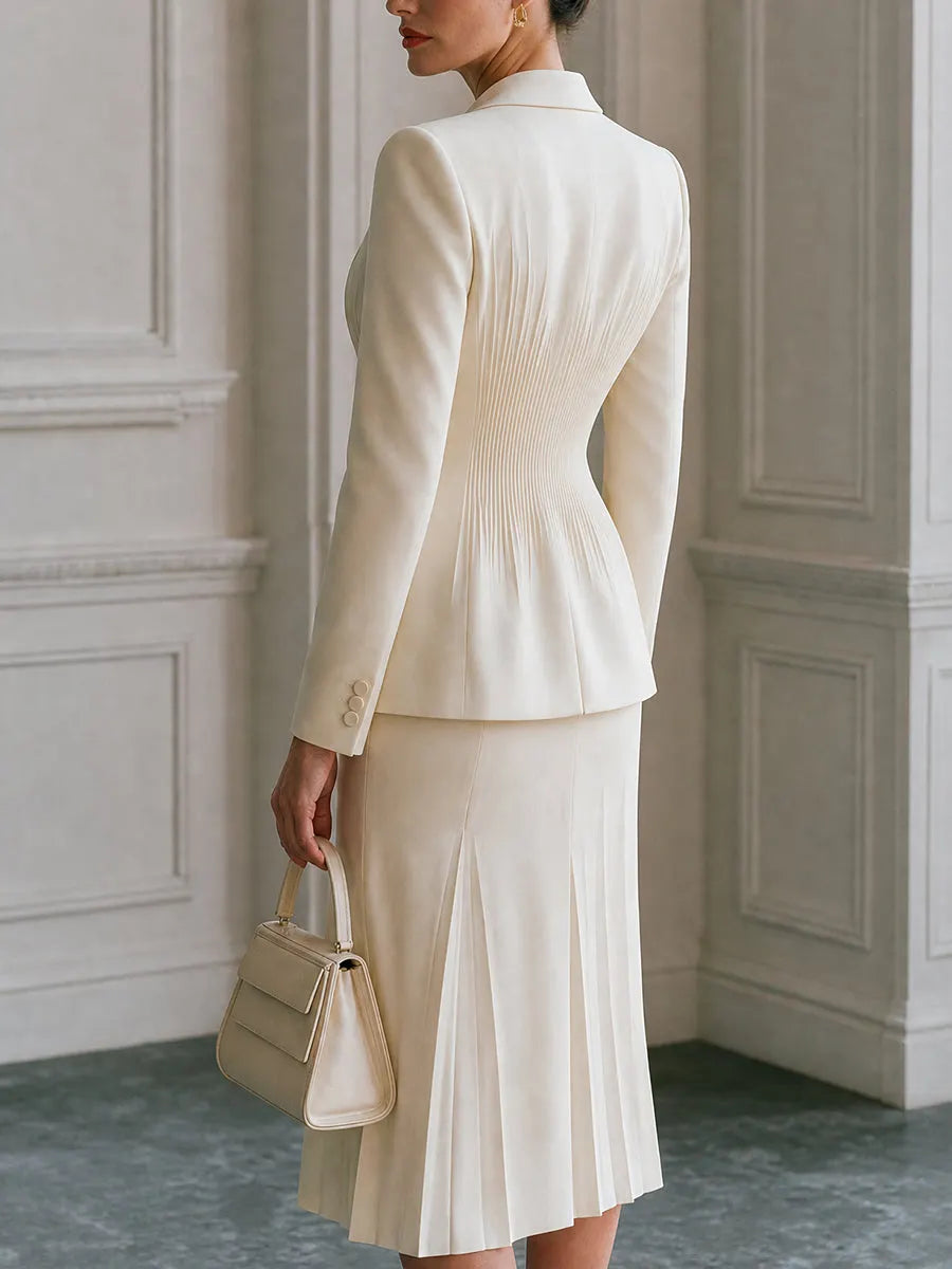Peaked-Lapel Pintuck Blazer & Pleated Midi Skirt Set