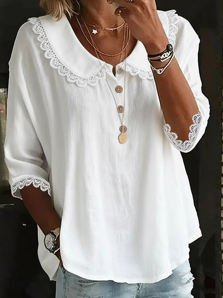 Women's  Retro Collared Lace-trimmed Solid Color Button-up Shirt
