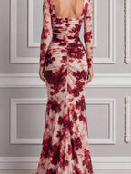 Red Dress Fall Wedding Guest Dress Floral Chiffon Sleeve Slit Maxi Dress
