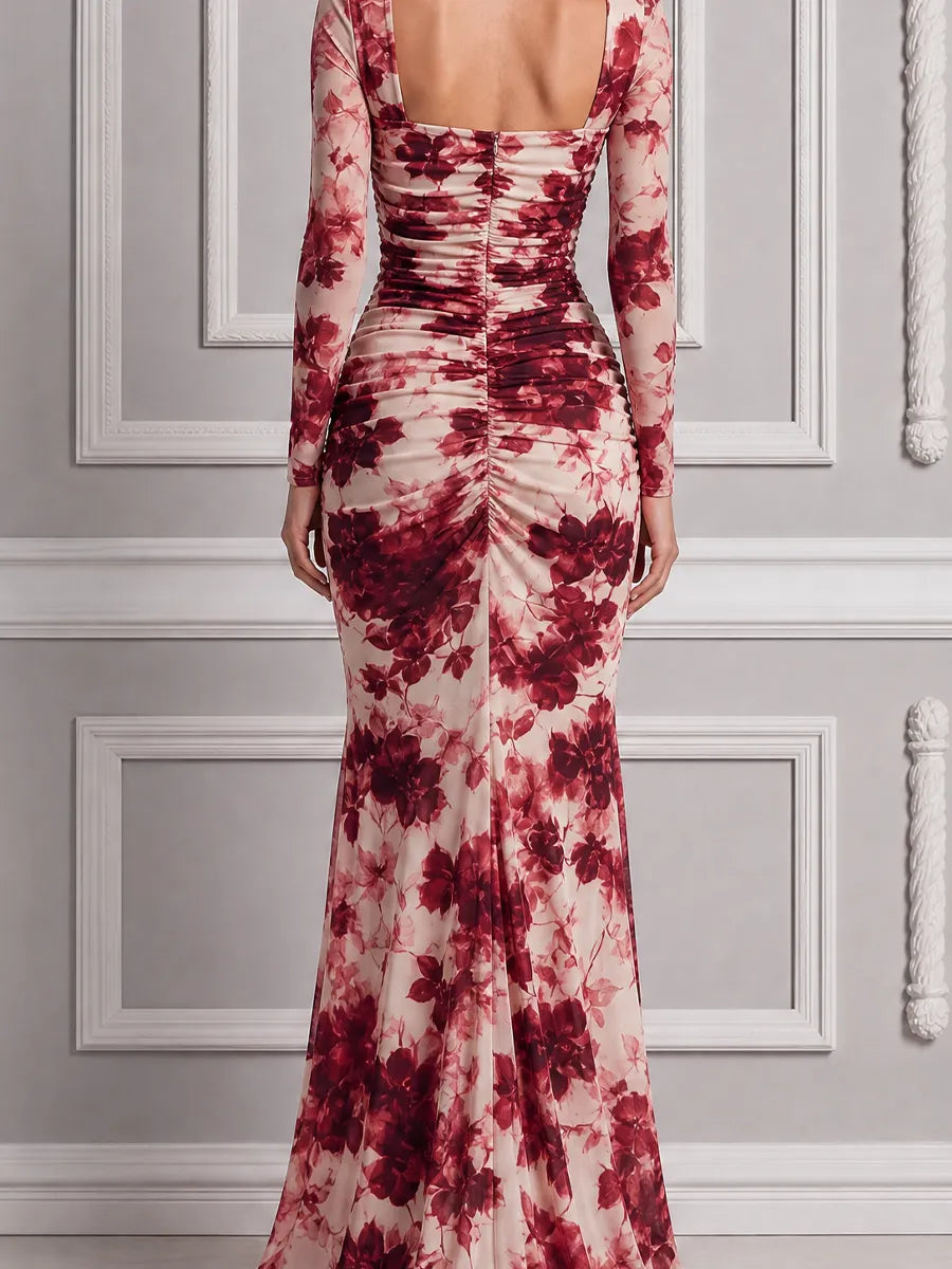 Red Dress Fall Wedding Guest Dress Floral Chiffon Sleeve Slit Maxi Dress