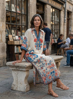 Bohemian Floral Paisley Kaftan Midi Dress In Ivory Blue