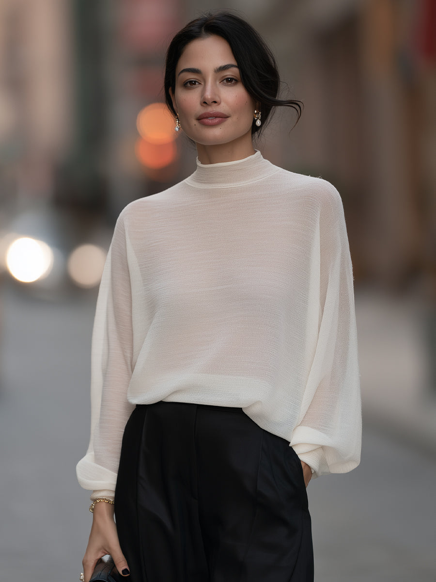 Semi-Sheer High-Neck Batwing Knit Sweater