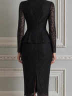 Black Lace Satin Lapel Peplum Jacket & Pencil Skirt Set