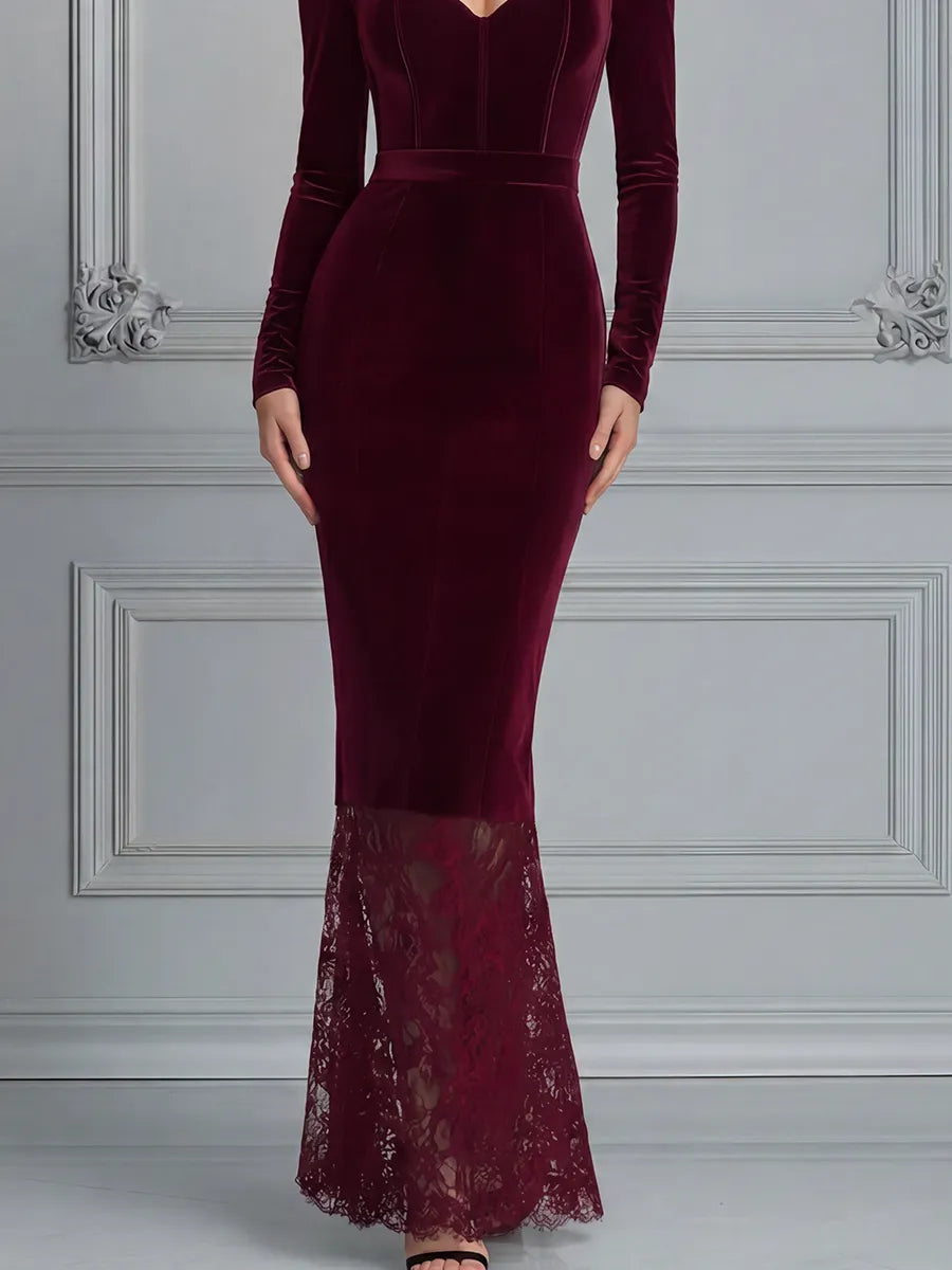 Red Dress Lace Hem Fall Wedding Guest Dress Velvet Mermaid Maxi Dress