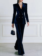 Navy Velvet Double-Breasted Blazer & Wide-Leg Pants Suit Set