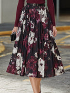 Ribbed Knit Top & Floral Pleated Midi Skirt Tailored Set