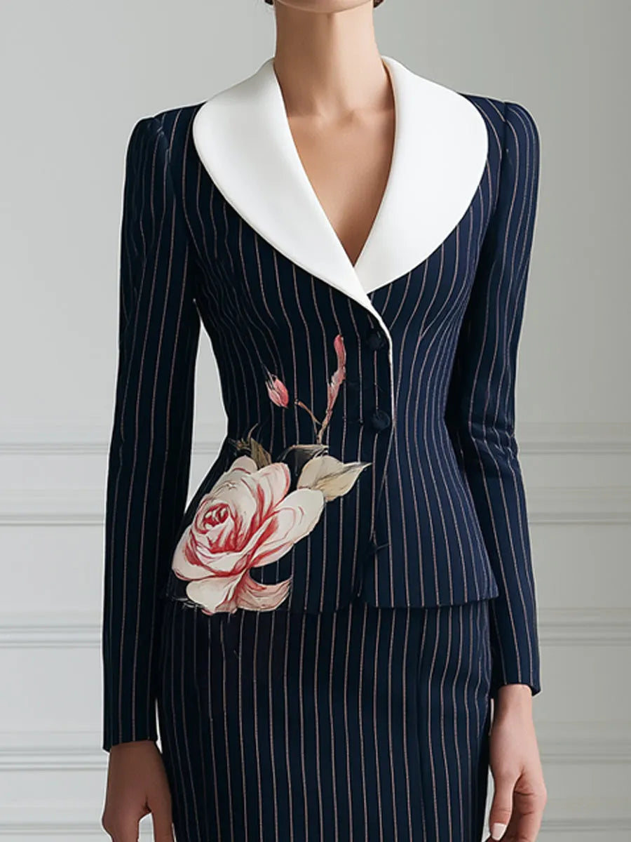 Contrast Collar Floral Pinstripe Blazer And Pencil Skirt Set