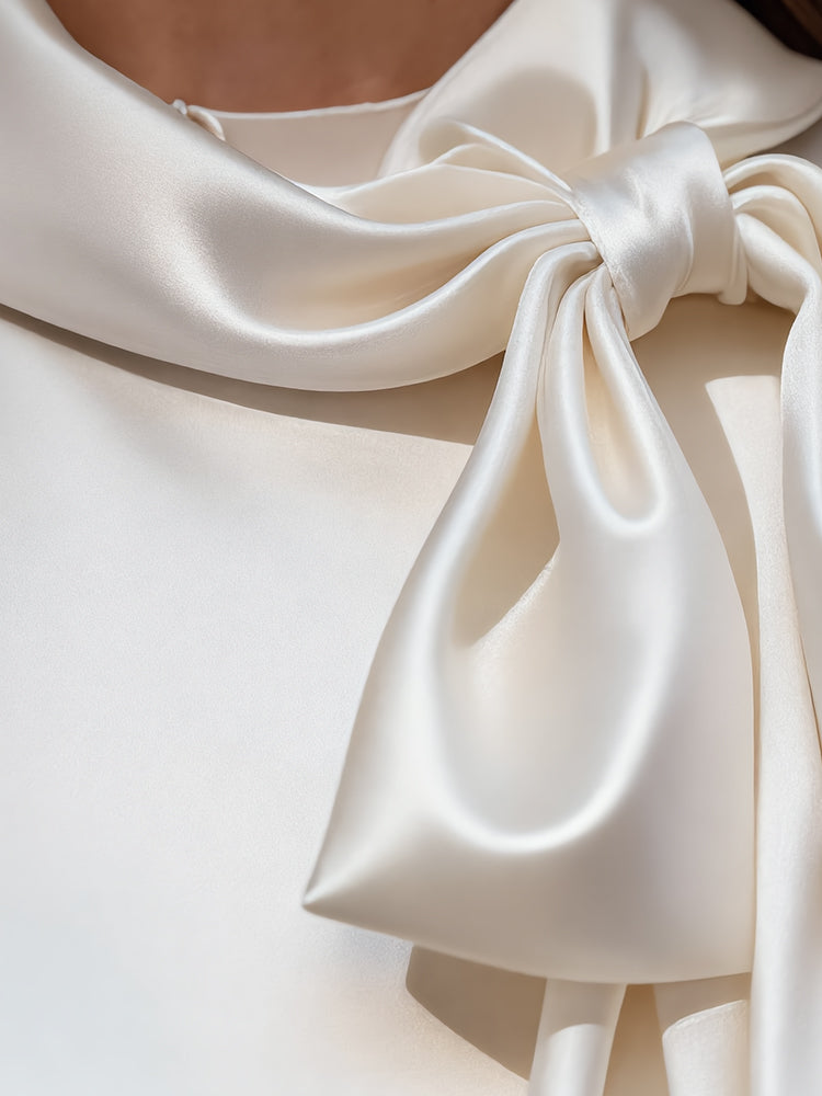 Elegant Champagne White Satin Sleeveless Bow Shirt