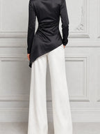 Black Satin Draped Blouse & White Wide Leg Pants Set
