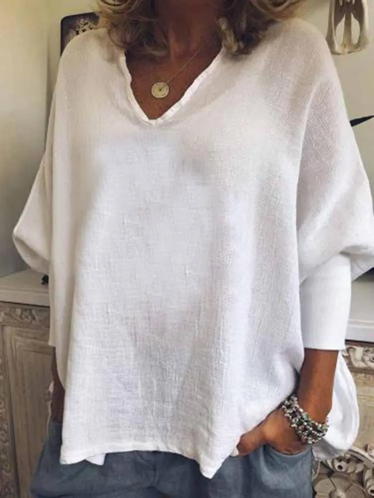 Vintage Solid Color V Neck Cotton Linen Shirt