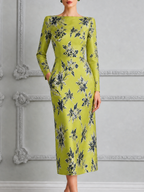 Chartreuse Floral Print Square Neck Pencil Midi Dress