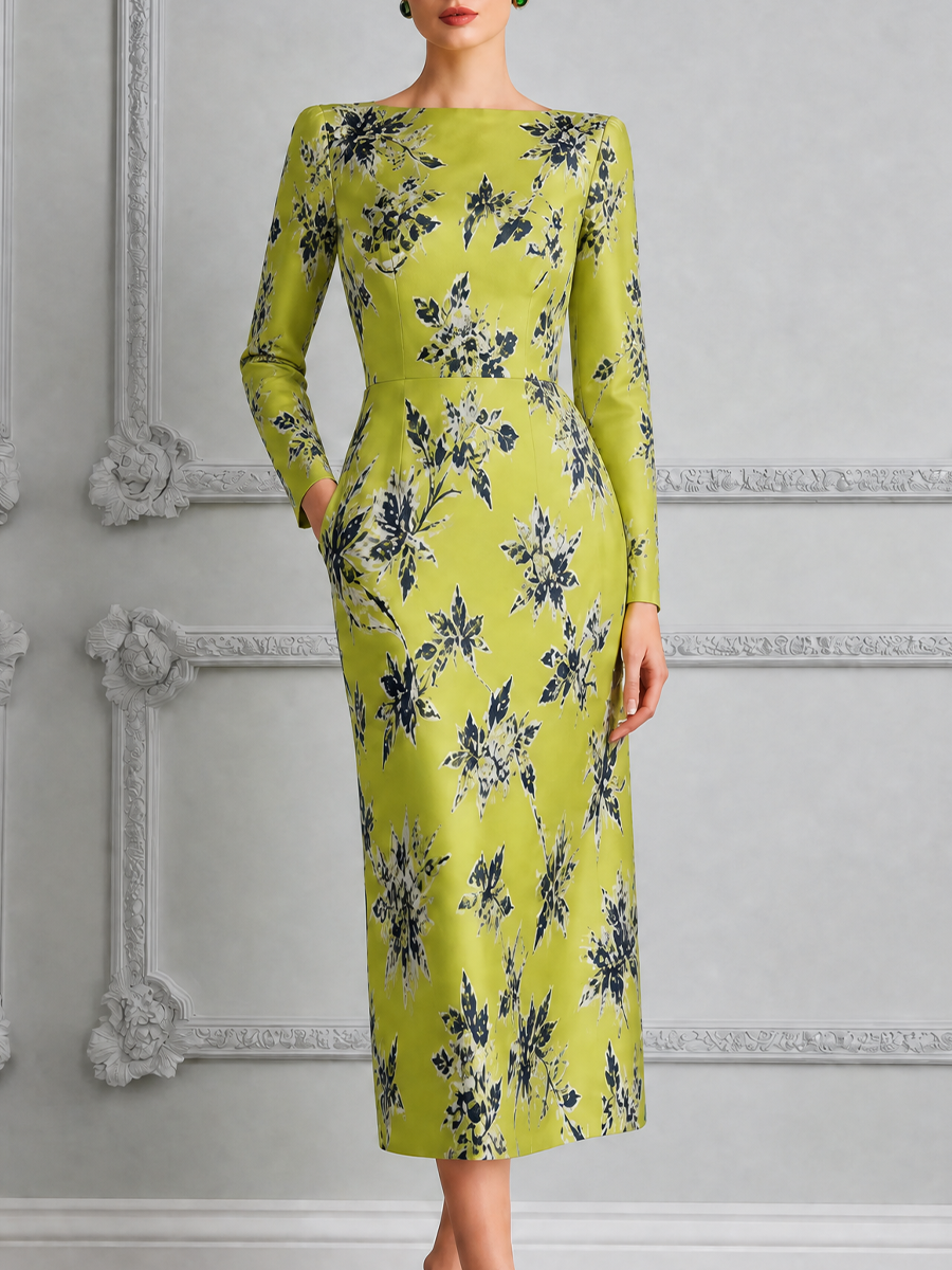 Chartreuse Floral Print Square Neck Pencil Midi Dress