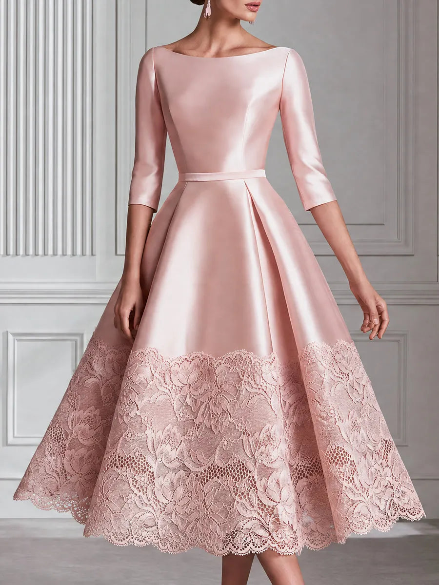 Vintage-Inspired Boat-Neck Lace-Hem Satin A-Line Midi Dress