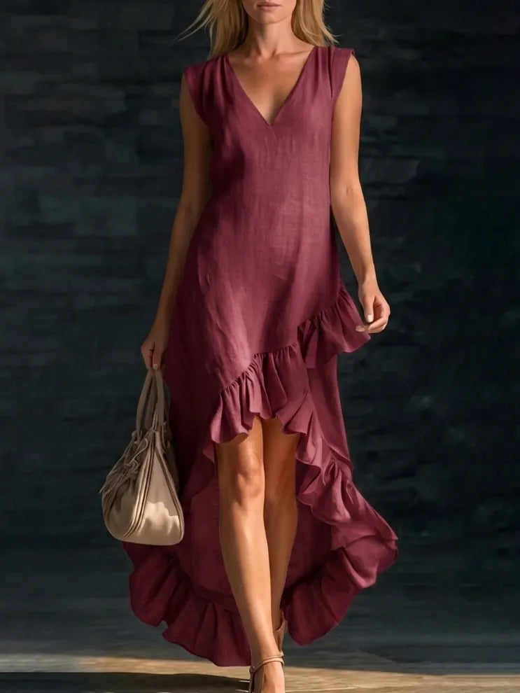 New Fashionable and Romantic Sleeveless V-Neck Cotton-Linen Long Dress with Ruffled Hem