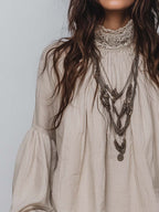 Lace-trimmed Pleated Cotton Linen Blouse