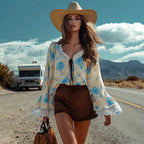 Western Retro Bohemian Style Chic Floral Blouse Top