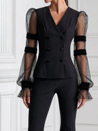 Double-Breasted Sheer Striped Mesh Balloon Sleeve Blazer & Flare Pants Two-Piece Suit Set