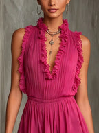 Ruffle Trim Pleated Chiffon Lace Jumpsuit