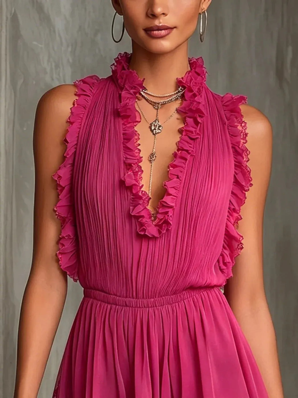 Ruffle Trim Pleated Chiffon Lace Jumpsuit