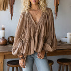 Women's Elegant Loose Comfortable Breathable Pleated Linen V-neck Puff Sleeve Top