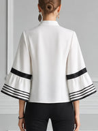 White Preppy Contrast Stripe Bell Sleeve Blouse