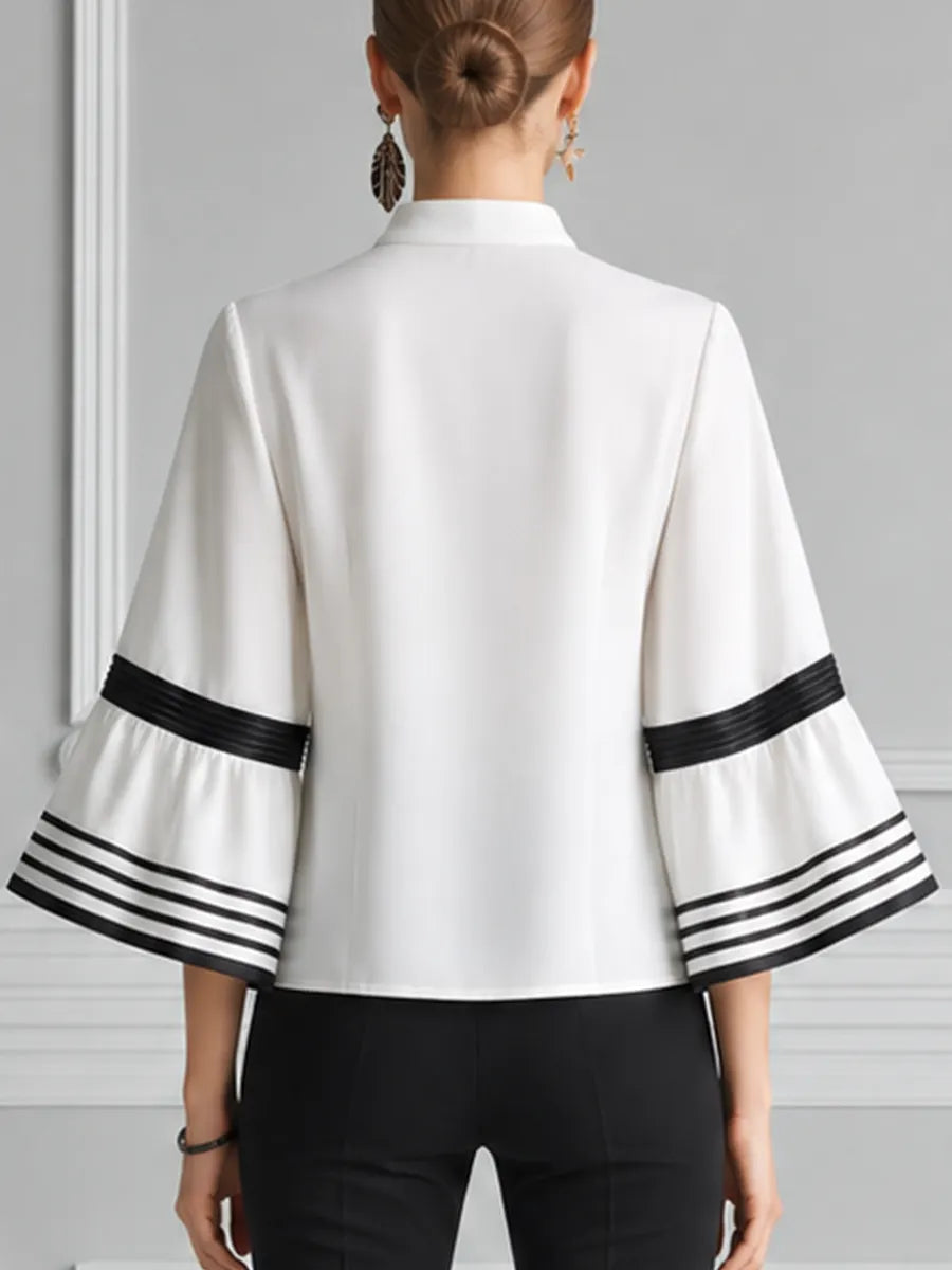 White Preppy Contrast Stripe Bell Sleeve Blouse