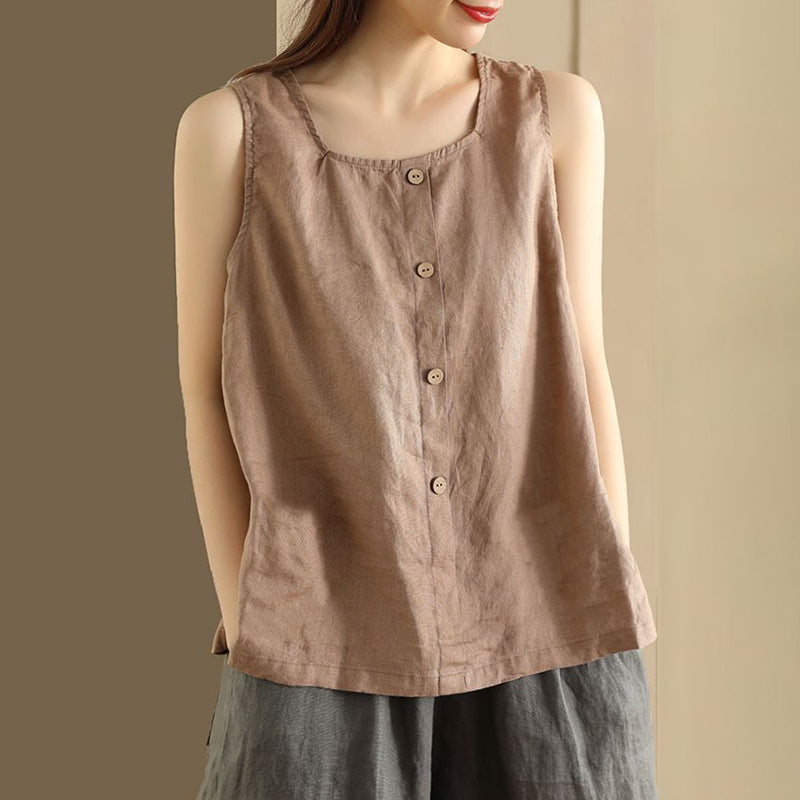 Vintage Button Down Cotton Linen Casual Tank Top