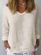 Women's V-neck Long-sleeved Cotton And Linen Top