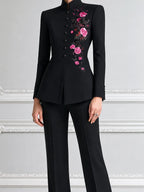 Black Pink Rose Embroidered Stand Collar Tailored Blazer & Wide Leg Trousers Two-Piece Suit Set