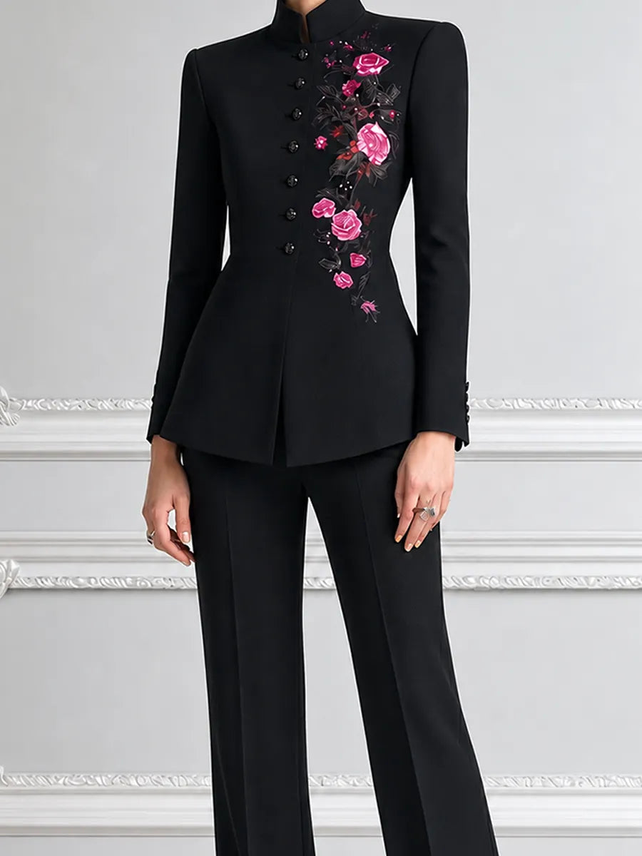 Black Pink Rose Embroidered Stand Collar Tailored Blazer & Wide Leg Trousers Two-Piece Suit Set